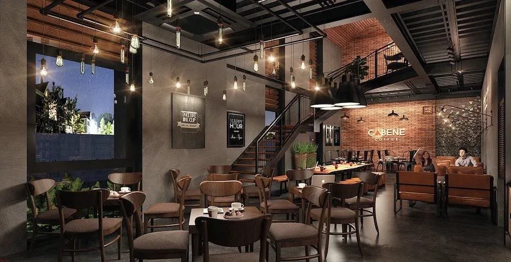 Quán cafe tiền chế khung thép hiện đại, nhiều kính đón sáng