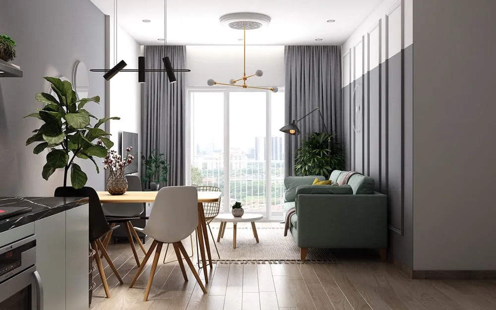 Phòng khách căn hộ nhỏ với tông hồng và xám pastel ấm áp