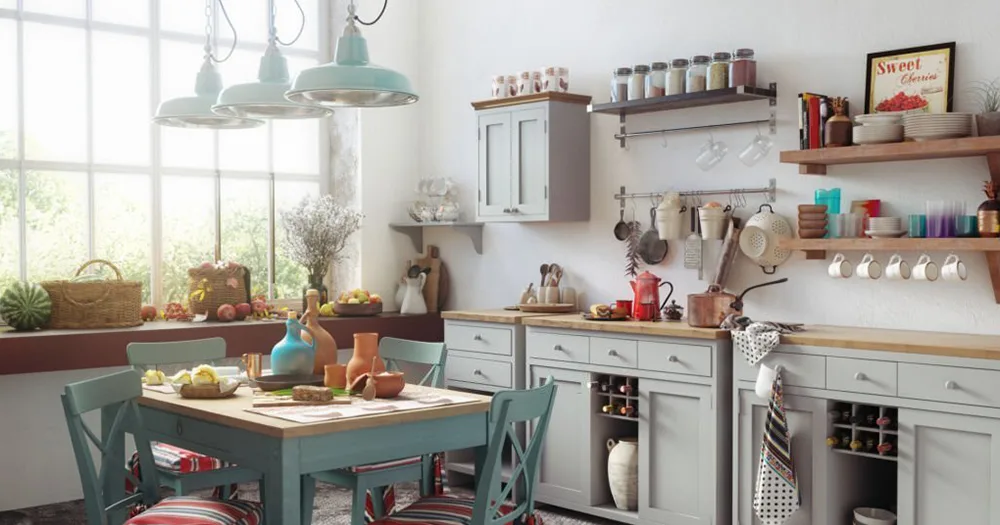 Phòng bếp chung cư phong cách vintage với gam pastel ấm áp