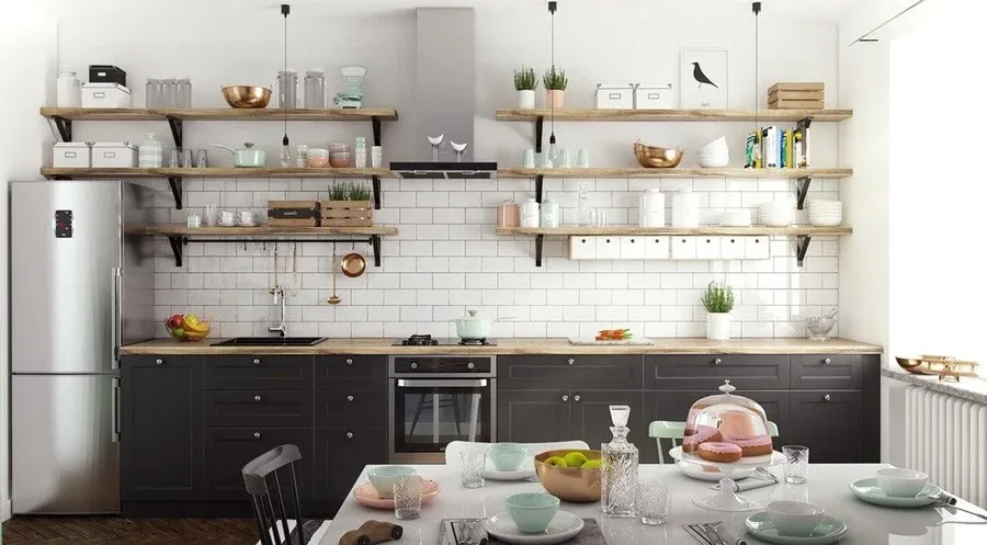 Phòng bếp chung cư phong cách Scandinavian với nội thất gỗ và nền trắng