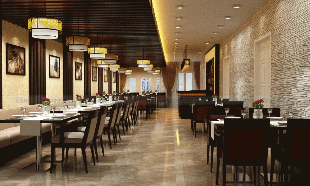 Không gian nhà hàng ấm cúng với nội thất được lựa chọn kỹ