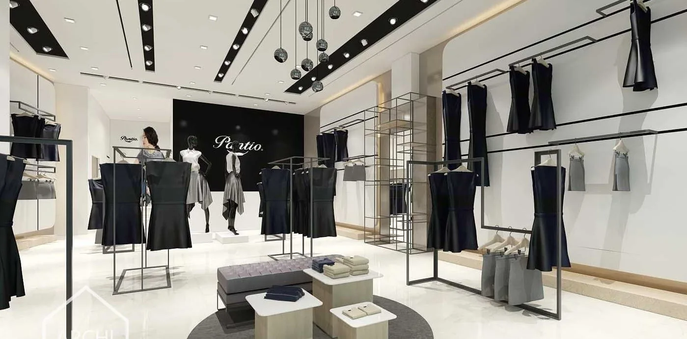 Ánh sáng trưng bày và kệ sản phẩm trong showroom cao cấp