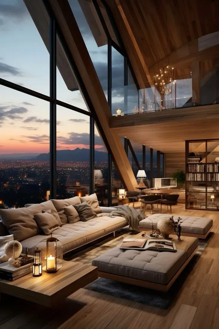 Khoảng thông tầng villa với lan can kính và ánh sáng lan tỏa giữa các tầng