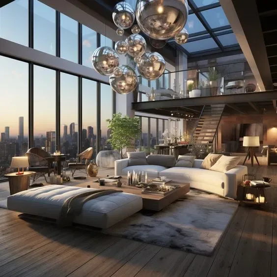 Phòng khách villa trần cao với đèn thả lớn làm điểm nhấn