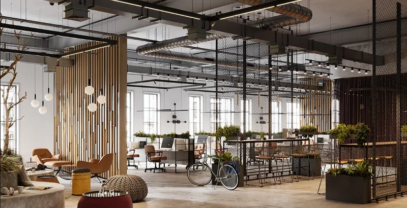 Nội thất tông trầm và đèn thả tạo điểm nhấn cho văn phòng Industrial