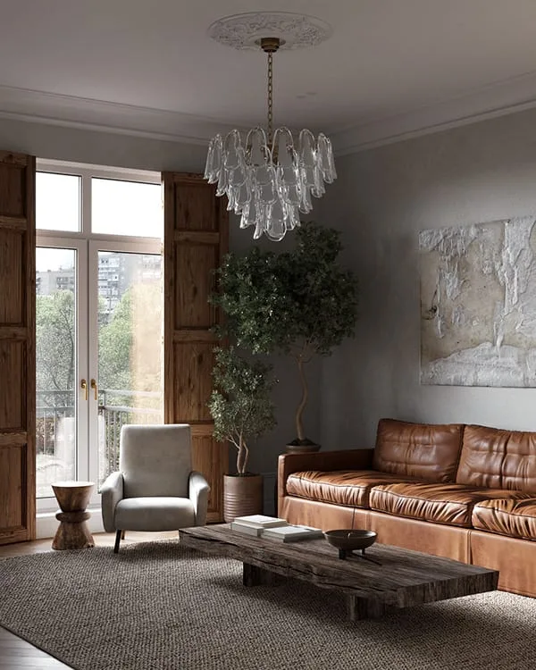 Không gian phòng khách tươi sáng với cây xanh và décor mùa xuân