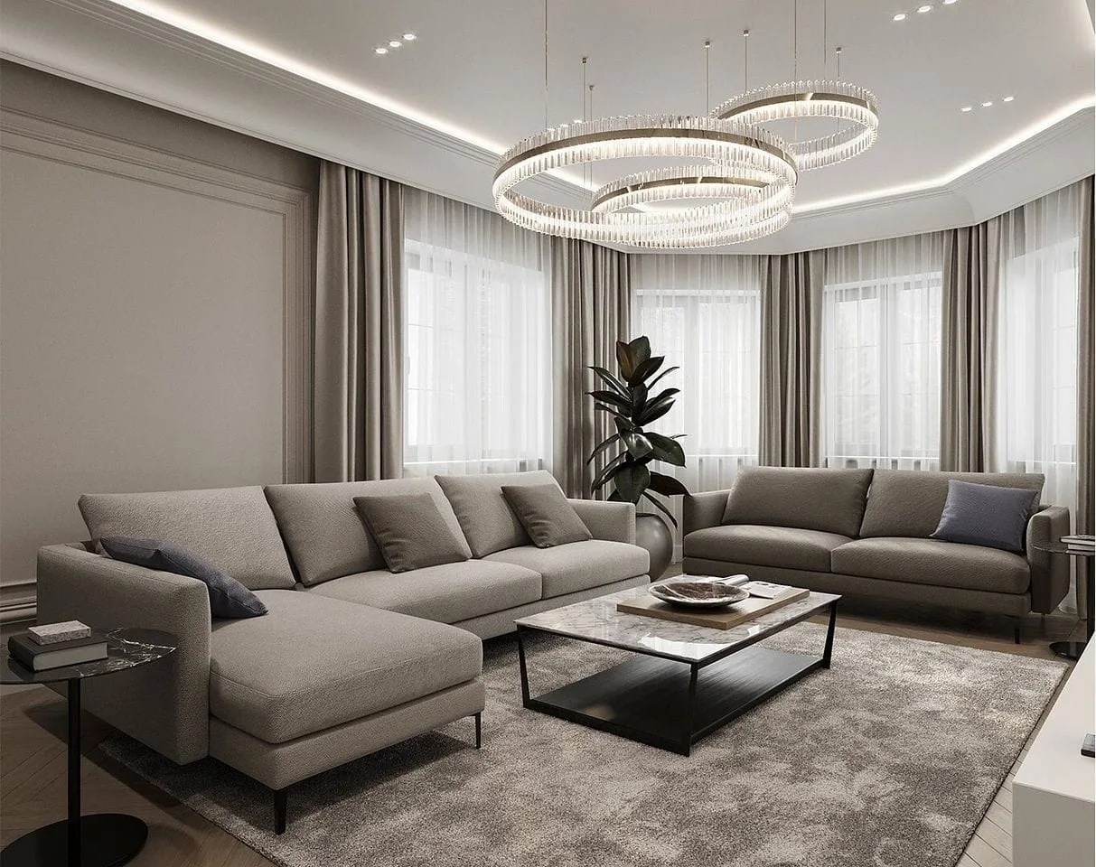 Phòng khách trang trí phong cách cổ điển, tông màu ấm
